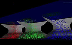 A simulation of deposition through a shadow mask in OLED device manufacturing (DSMC simulation (CUDA), metariver technology, www.metariver.kr)